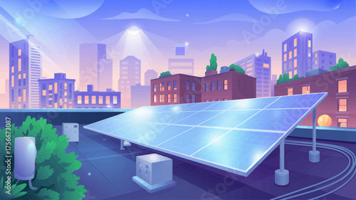Rooftop solar panels generating clean energy in an urban environment with city buildings