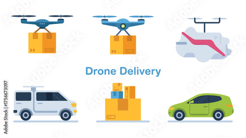 Modern drone delivery service concept illustration featuring various transportation methods and packages