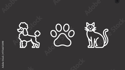 Simple white line art illustrations of a poodle dog, paw print, and a sitting cat on black background