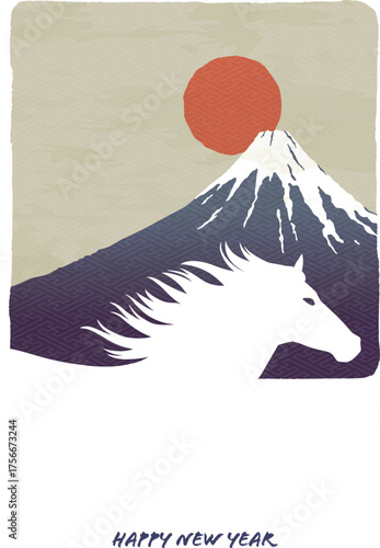 午年の年賀状テンプレート　馬と富士山と日の出