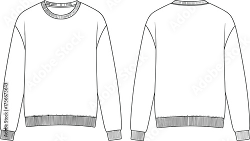 Photos Sweatshirt fashion sketch, crew neck garment flat drawing, ribbed cuffs and hem