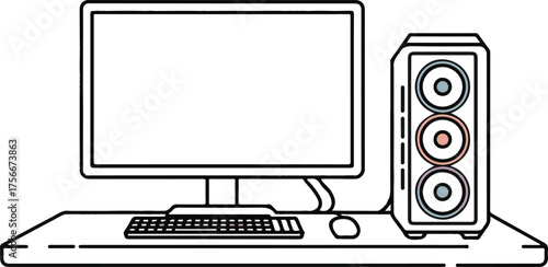 Gamer Desk Setup Vector – Monitor, Gaming Tower, Keyboard and Mouse, Minimal Line Art