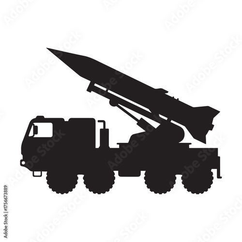  Mobile Missile Launcher Silhouette On White Background. 