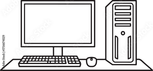 Gaming PC Desk Setup Angled View Outline Vector – Tower, Monitor, Accessories