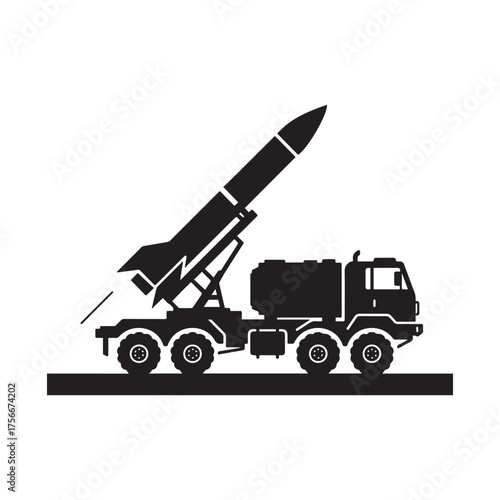  Mobile Missile Launcher Silhouette On White Background. 