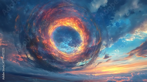 Fiery Cosmic Vortex in a Vibrant Sunset Sky for Time Traveler Portal