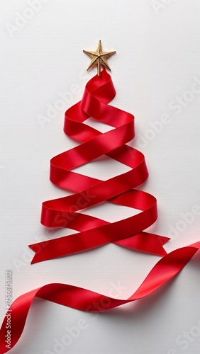 A red ribbon shaped like a Christmas tree with a gold star on top.