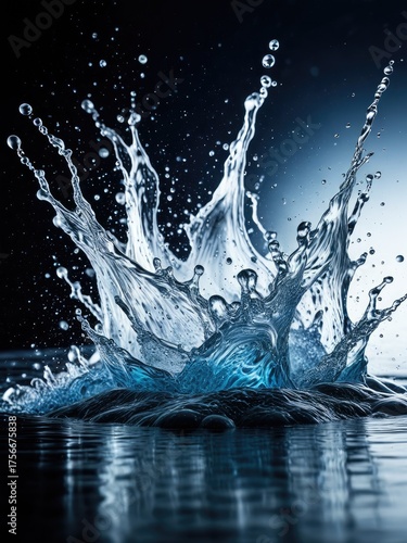 Dynamic water splash erupting upwards with droplets against a dark background