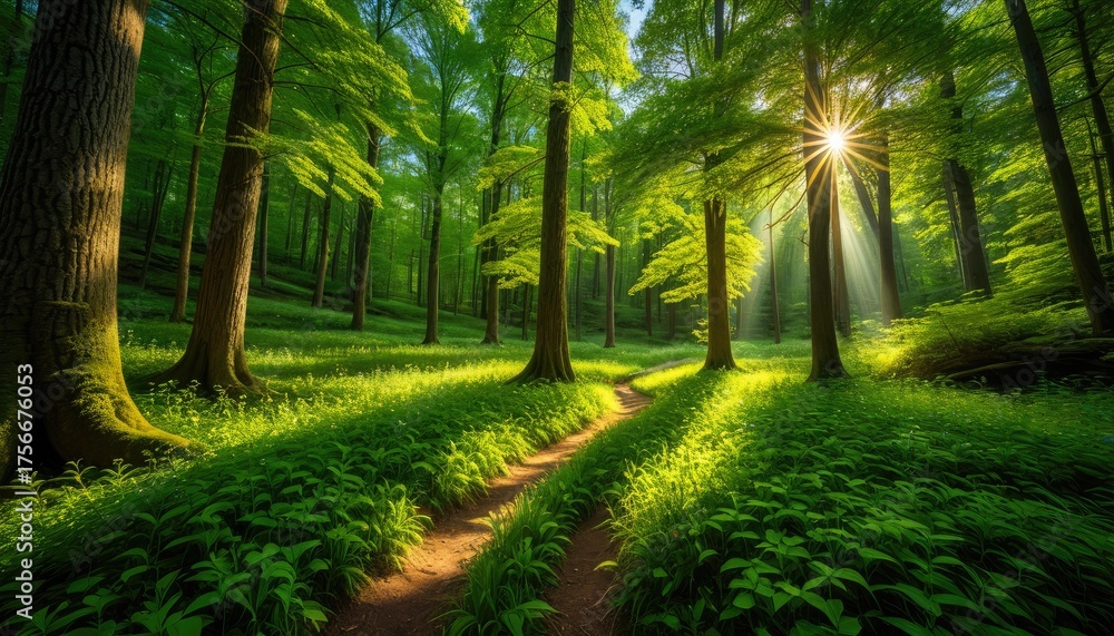Naklejka premium Sunlight streams through lush, green forest. Path winds through trees