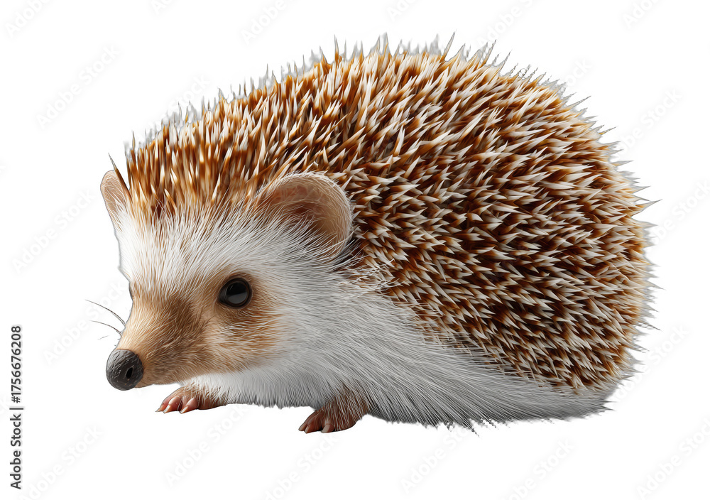 Obraz premium A close-up shot of a hedgehog showcasing its spiky brown and white fur, highlighting its adorable and prickly appearance.