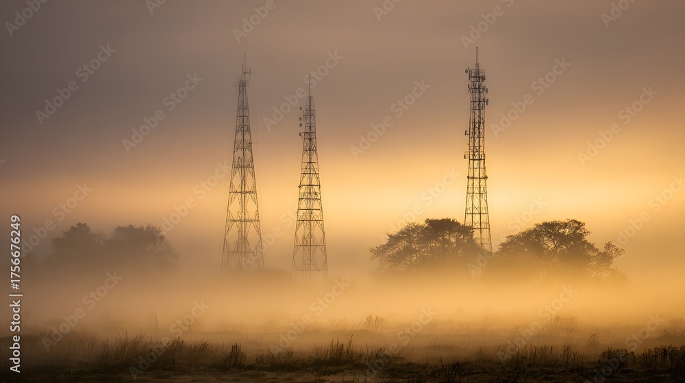 Fototapeta premium Transmission towers rise through dense fog at sunrise.