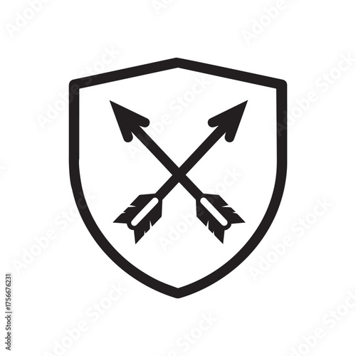 Vector art of line icon of a shield with two crossed arrows behind it
