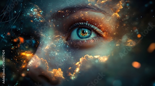 A woman's eye with a galaxy-like effect, creating a sense of mystery and wonder.