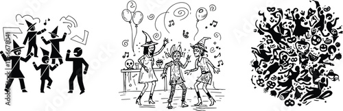 Halloween party illustration set, dancing children in costumes, spooky festive crowd, abstract ghost and pumpkin design, vector celebration pack with musical and eerie elements