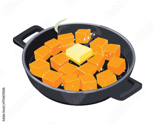 Cubed Pumpkin Pieces or squash sautéing in a black frying pan with butter, preparing for a savory autumn meal - Vector Illustration