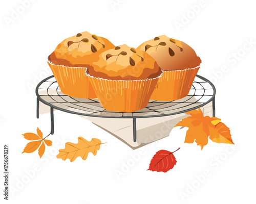 Stacked wire rack full of fresh Pumpkin Muffins or cupcakes, decorated with autumn leaves, a perfect fall baked treat - Vector Illustration
