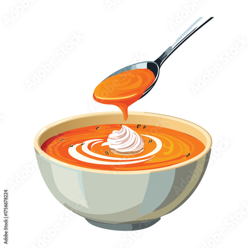 Hearty bowl of Creamy Pumpkin Soup with a swirl of cream, ready for a delicious and comforting dinner on a chilly evening - Vector Illustration