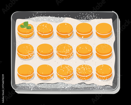 A baking sheet filled with perfectly shaped Pumpkin Cookies or biscuits, ready to be put in the oven for a sweet treat - Vector Illustration