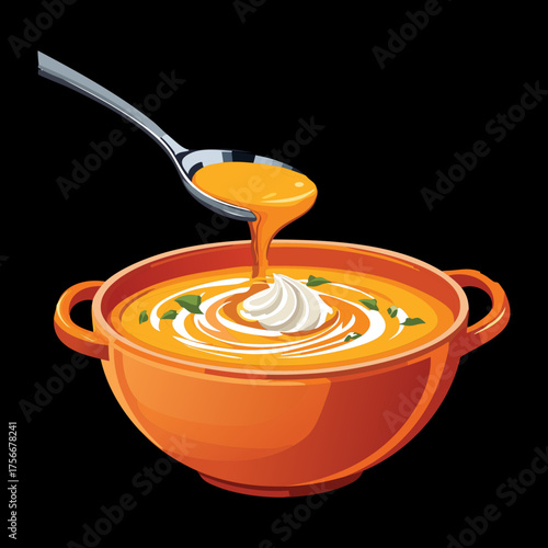 Rich Pumpkin Soup or puree in a bowl, topped with a swirl of fresh cream and ready to be served hot - Vector Illustration