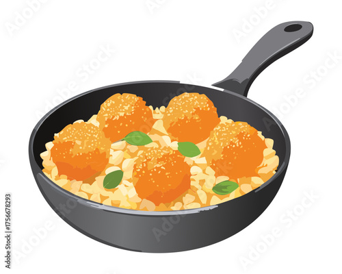 Golden Pumpkin Fritters or savory meatballs cooking in a black frying pan, ready for a delicious fall meal - Vector Illustration