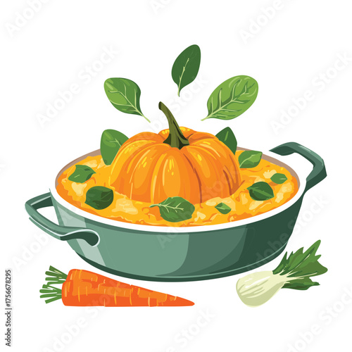 A creamy Pumpkin Dish or stew served in a tureen, garnished with fresh herbs and carrots, a savory fall harvest meal - Vector Illustration