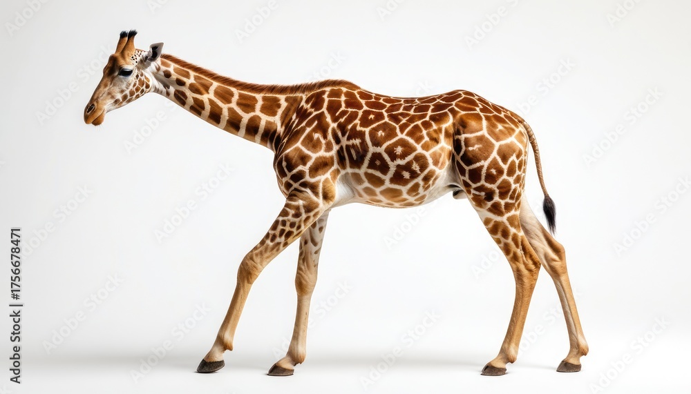 Naklejka premium Giraffe in a light studio with a long neck and spots