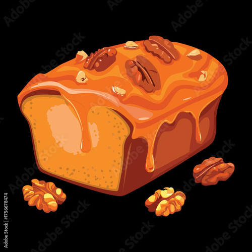 Homemade Pumpkin Loaf Cake with pecans and walnuts, a moist and flavorful baked good for a cozy fall morning - Vector Illustration