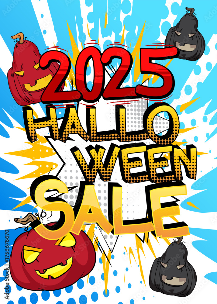 Fototapeta premium Halloween Sale 2025. Comic Book illustration, retro comics celebration Shopping design.