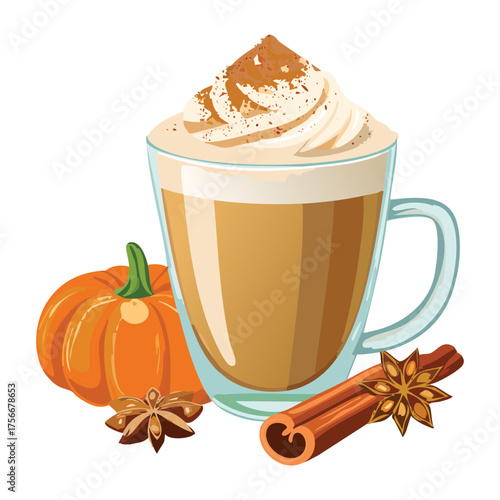 Classic Hot Pumpkin Drink in a ceramic mug, generously topped with whipped cream and a dusting of cinnamon powder - Vector Illustration