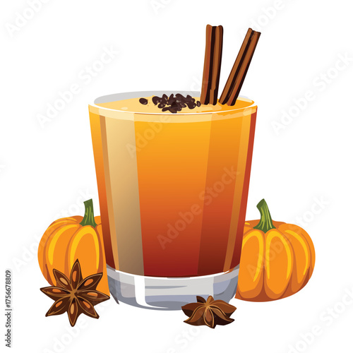 Warm pumpkin spice infused drink in an orange tinted glass mug garnished with cinnamon sticks and a small pumpkin for a cozy mood - Vector Illustration