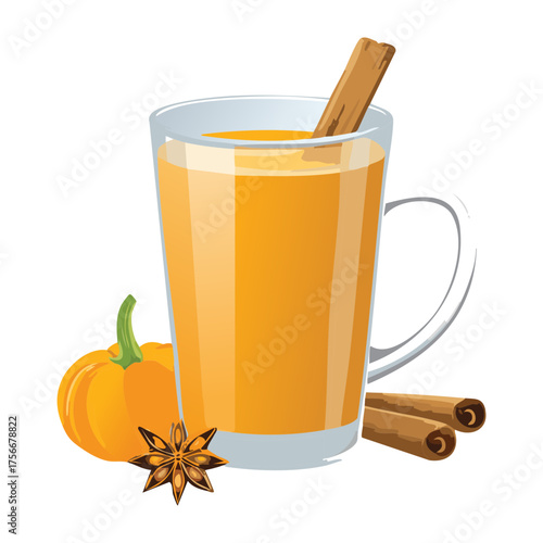 Aromatic hot spiced pumpkin latte or chai tea in a clear glass mug with a cinnamon stick, embodying the cozy fall season - Vector Illustration