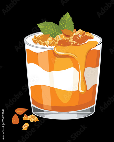 Decadent layered pumpkin dessert with whipped cream topping, caramel drizzle, and fresh mint leaf, served in a glass for a fancy treat - Vector Illustration