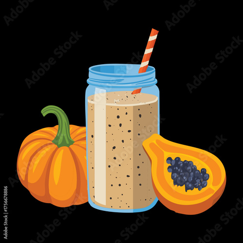 Homemade pumpkin and papaya fruit shake or smoothie in a clear glass bottle with a straw, great healthy autumn beverage choice - Vector Illustration