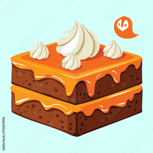 Square slice of rich pumpkin cake with creamy orange icing and whipped cream swirls, a sweet and satisfying dessert for the fall season - Vector Illustration
