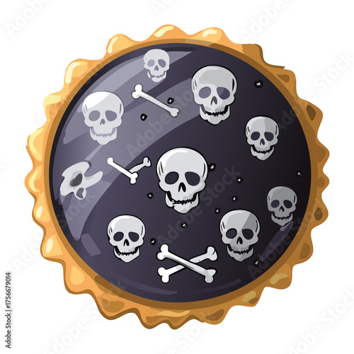 Halloween black tart with shiny skull and crossbones design, a macabre yet festive pumpkin dessert for spooky themed events - Vector Illustration
