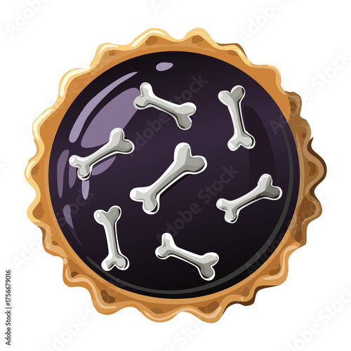 Spooky Halloween dark pie with scattered bone and skull patterns, a festive and eerie baked dessert perfect for a horror-themed party - Vector Illustration
