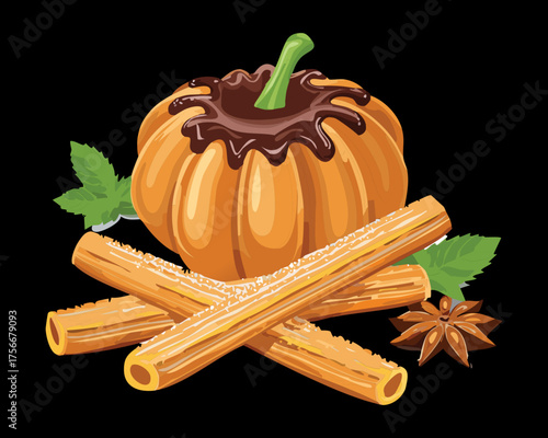 Rich baked pumpkin shaped chocolate dessert with smooth icing and decorative swirls, presented on aromatic cinnamon sticks for a holiday menu - Vector Illustration