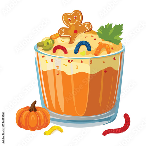 Cozy bowl of layered creamy pumpkin and granola dessert topped with nuts, berries, and a surprise gummy worm for Halloween fun - Vector Illustration