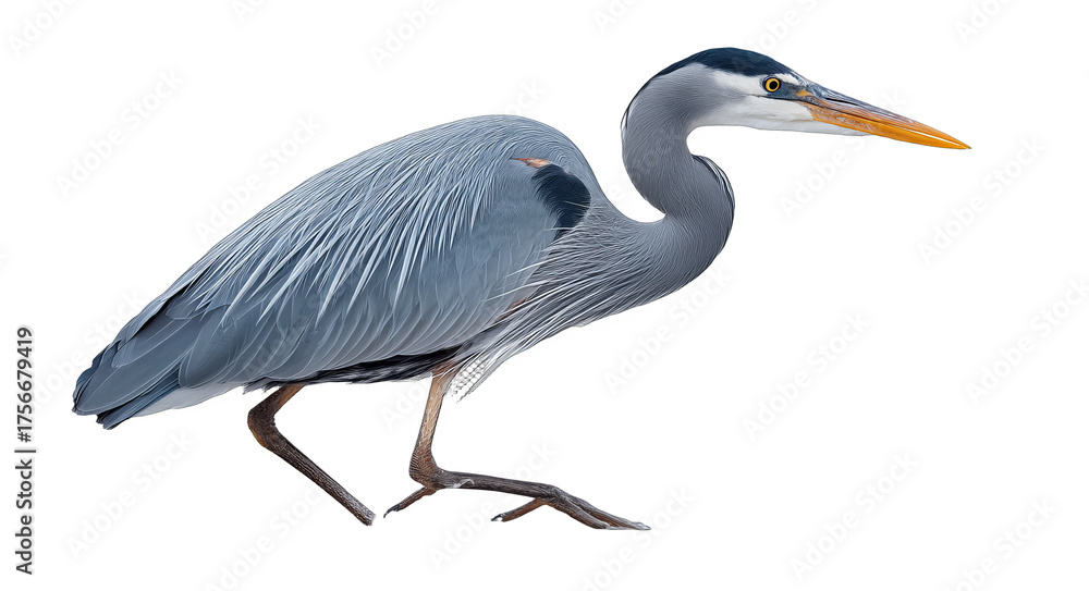 Fototapeta premium A gray heron with long legs and a long beak is depicted standing alone, showcasing its unique plumage and elegant posture.
