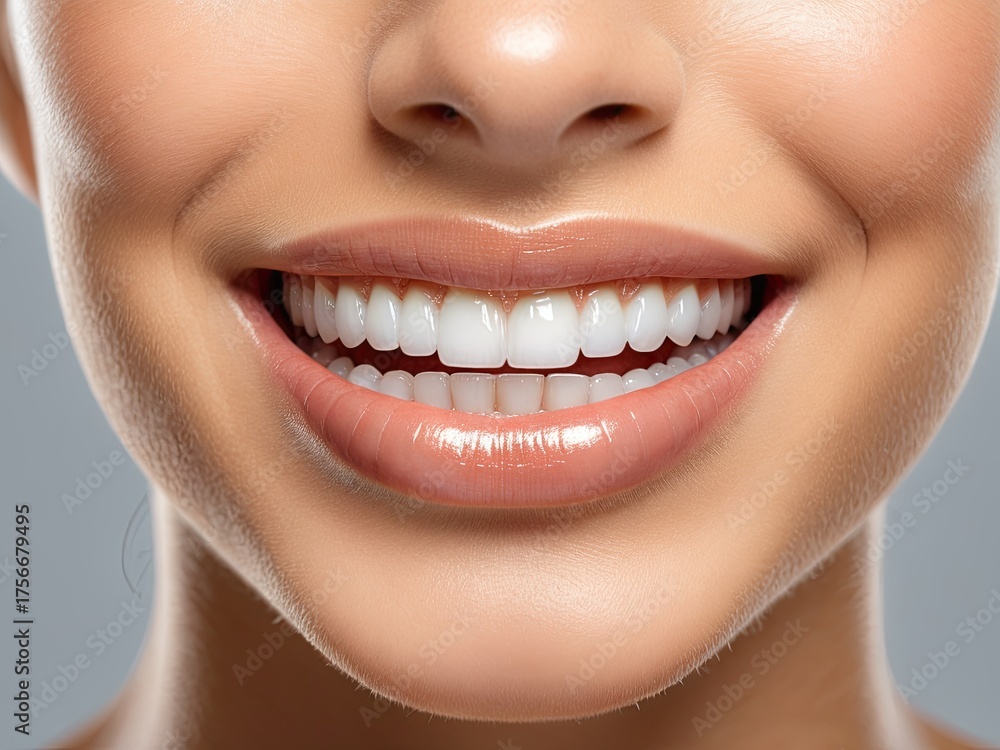 Obraz premium Perfect, radiant smile of a woman with healthy, white teeth and glossy lips