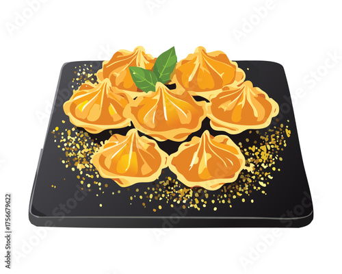 Golden Brown Baked Pumpkin Dumplings or Gnocchi Garnished with Black Sesame Seeds on a Dark Plate - Vector Illustration