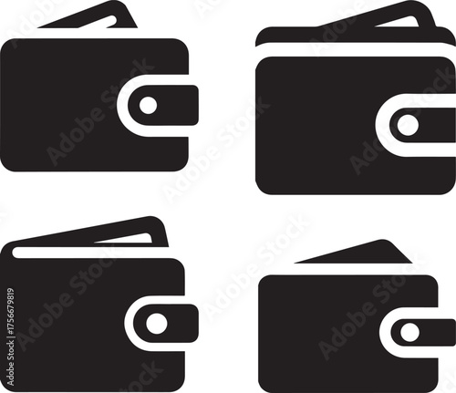 Four black silhouette icons of wallets with cards