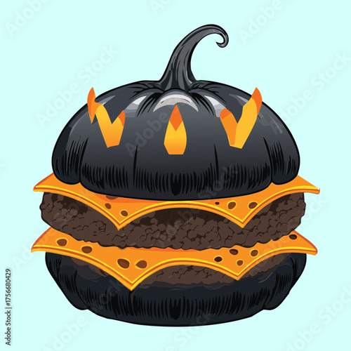 Terrifying Black and Orange Double Stack Halloween Monster Burger, Ready to Be Eaten at a Spooky Party - Vector Illustration