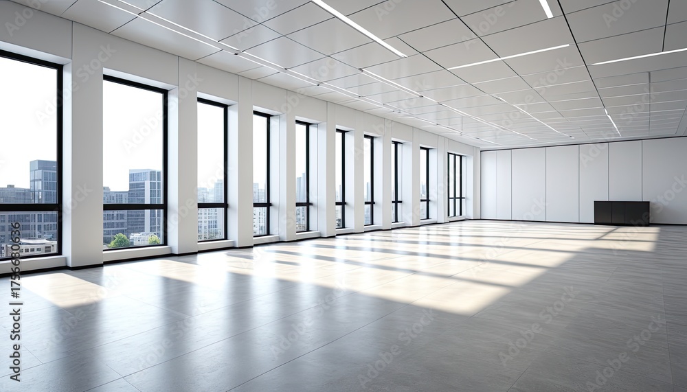 Fototapeta premium Empty, sunlit modern office space with tall windows, bright and airy