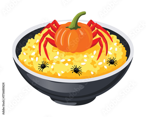 Creamy pumpkin risotto with spooky black olive spider and carrot eyes, a fun Halloween dinner recipe - Vector Illustration
