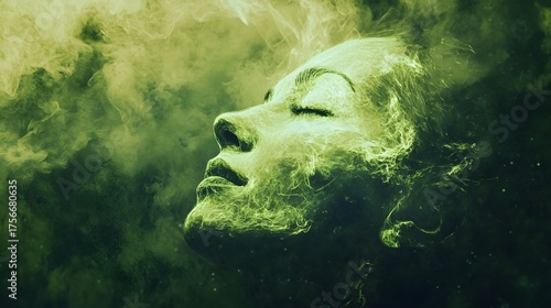 A woman's face is obscured by green smoke, creating an ethereal and mysterious atmosphere.