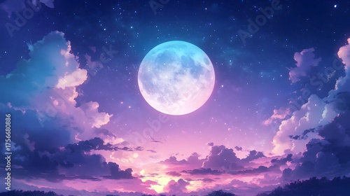 Large full moon illuminates a colorful cloudy night sky with stars.