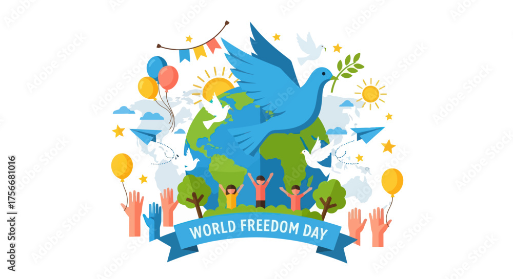 Fototapeta premium Symbolic blue dove of peace embracing earth amidst diverse community celebration and global unity imagery vector