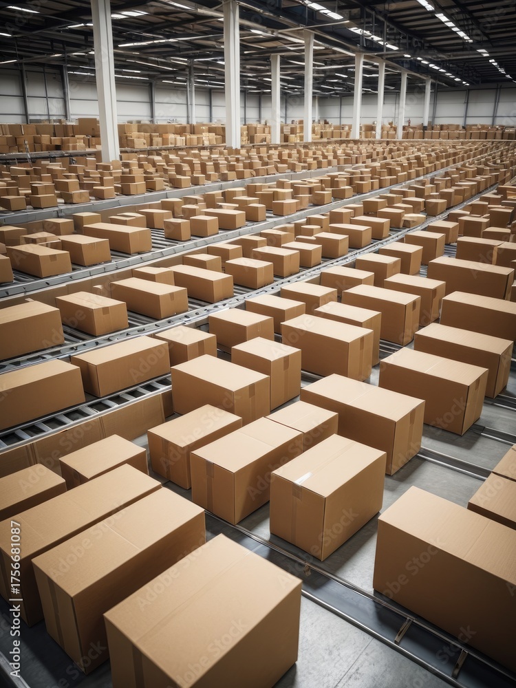 Fototapeta premium Warehouse scene filled with organized cardboard boxes on conveyor belts