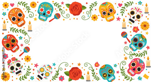 Vibrant sugar skull frame decorative element for dia de los muertos celebrations and festive fall designs with floral accents vector